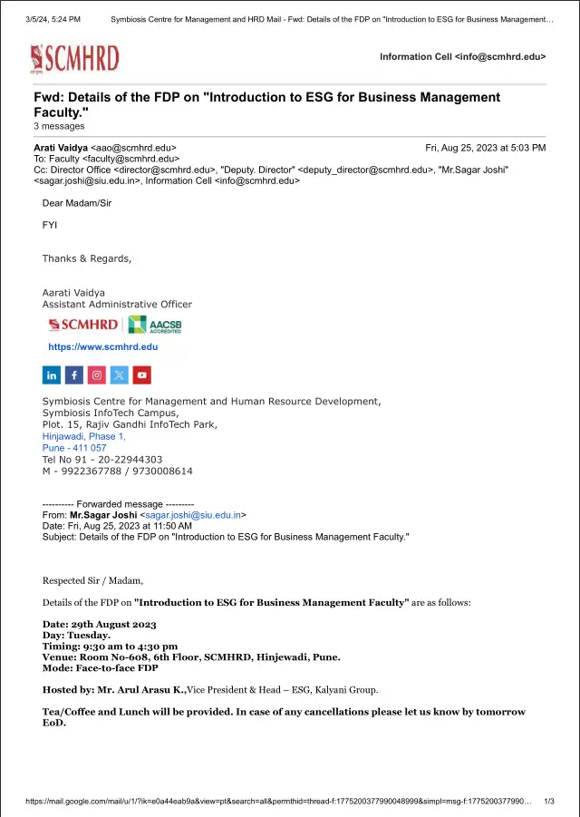 332 SCMHRD Introduction to ESG for Business Management Faculty 23-24